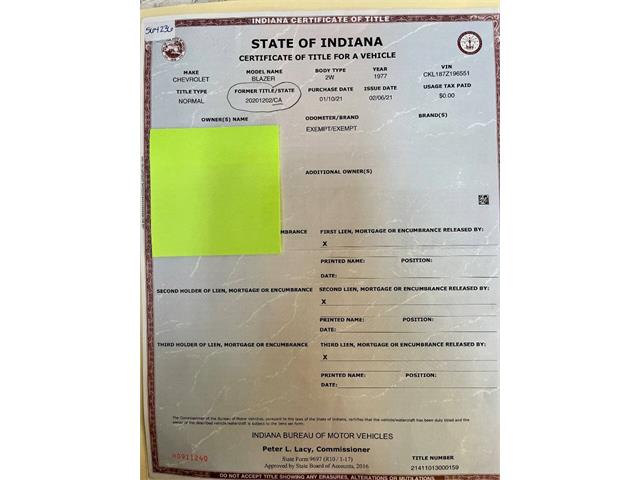 1977 Chevrolet Blazer (CC-2072160) for sale in Knightstown, Indiana