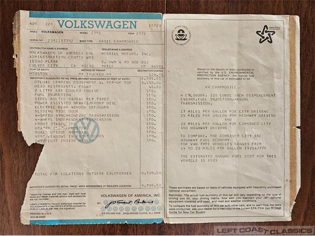 1978 Volkswagen Westfalia Camper (CC-2108284) for sale in Sonoma, California