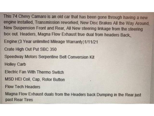 1974 Chevrolet Camaro (CC-2109616) for sale in Cadillac, Michigan