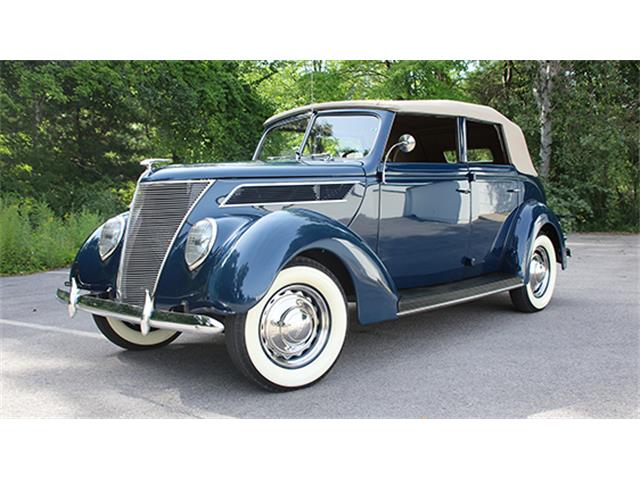 Print 1937 Blue Ford V-8 De Luxe Tudor Sedan Auto Ad 