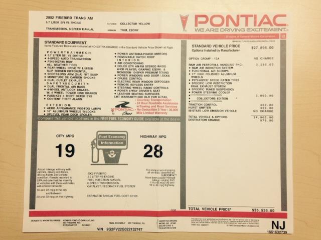 2002 Pontiac Firebird Trans Am  WS6, COLLECTOR EDITION (CC-891392) for sale in CHAPIN, South Carolina